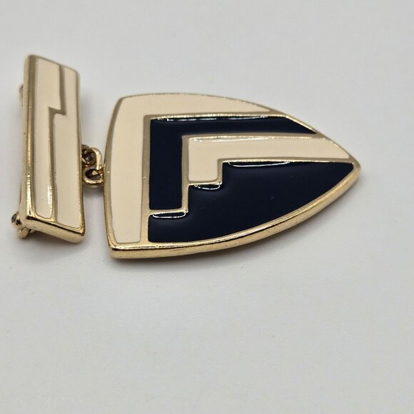 VTG Brooch 80s Gold Tone Black Cream Enamel Trifari Signed Stmt Shield Pin - Picture 5 of 10